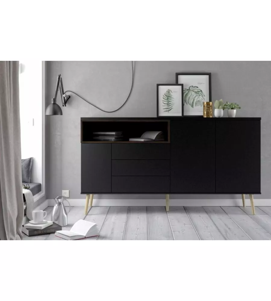 Mobile buffet nero 3 ante e 3 cassetti, 176x90x48 cm